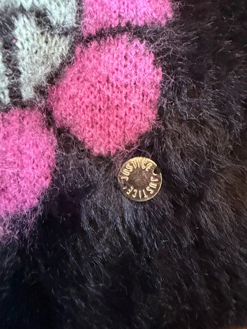 Justice Black Fuzzy Crewneck Sweater with Pink & Mint Floral Motif